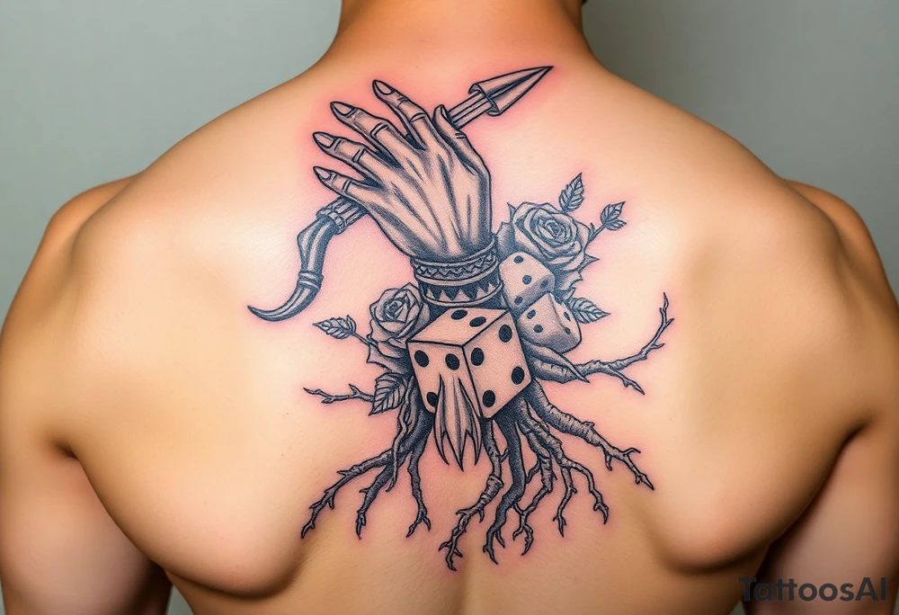 Gods hand, squid, knight with roses and tree roots rolling dice tattoo idea