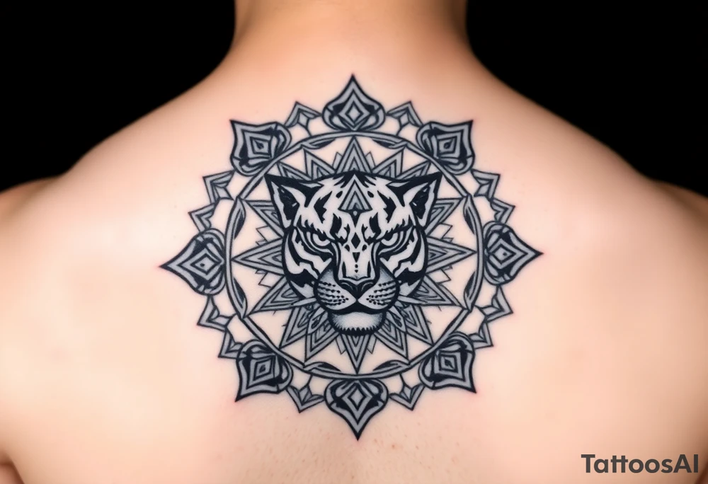 intricate mandala with sacred panther with geometry and cosmic elements tattoo idea