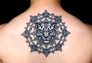 intricate mandala with sacred panther with geometry and cosmic elements tattoo idea