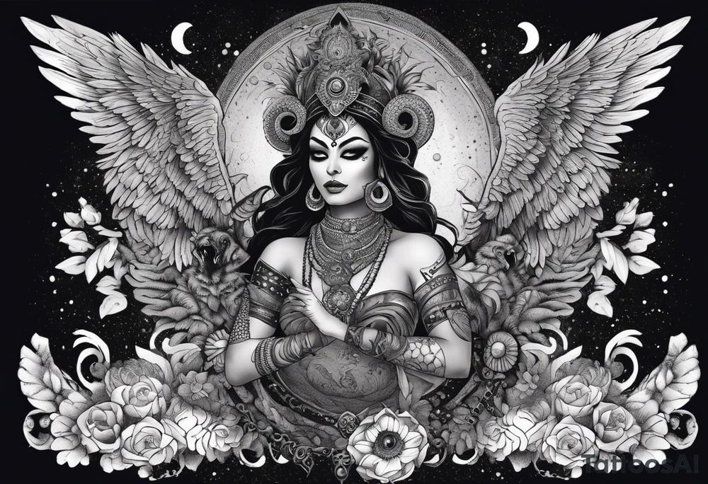 black kali, goddess pirate, alien, angel, pachamama, valkrye, warrior, flying, skull, lotus azul, wing, eagle, zenza resonance, stars, 5D, anahata chakra, death, durga, riding on a tiger, flying lady, kundalini, chest tatoo, samuri, rebel, serpent tattoo idea