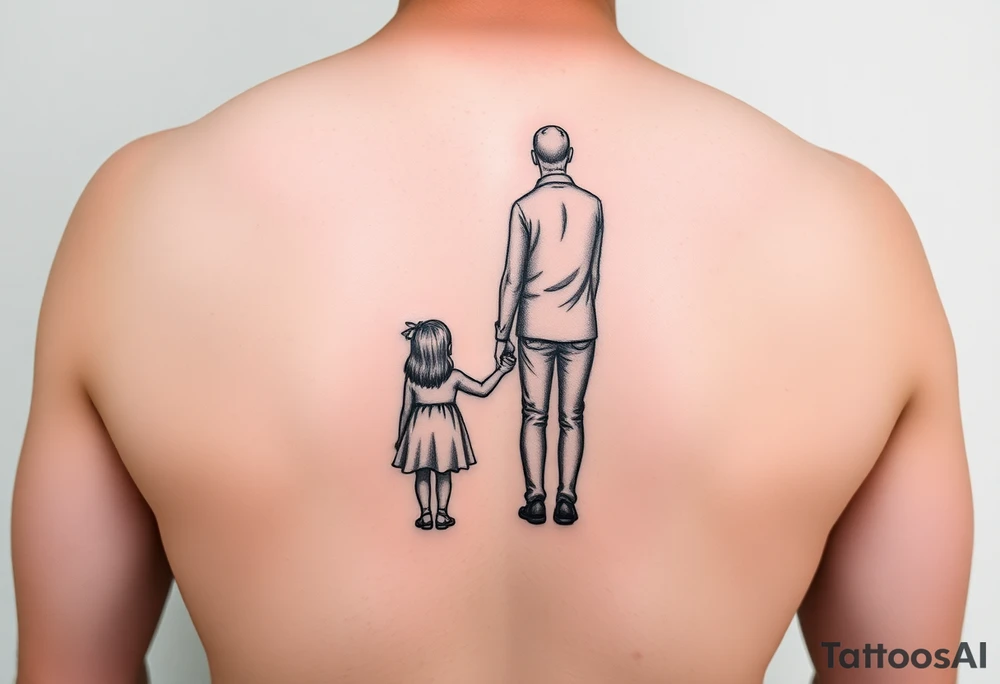 A tattoo on his forearm depicting a dad standing in the back and holding his daughter and son's hand together looking to the future. tattoo idea