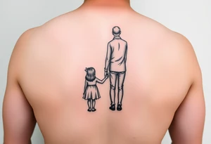 A tattoo on his forearm depicting a dad standing in the back and holding his daughter and son's hand together looking to the future. tattoo idea