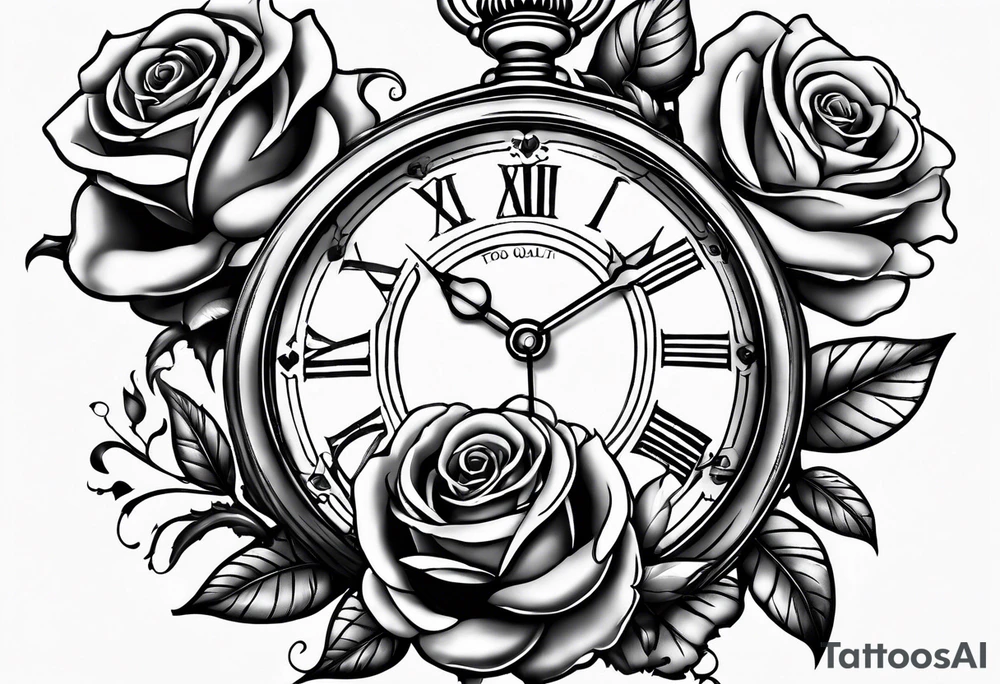 Pocket watch with chain and roses tattoo idea