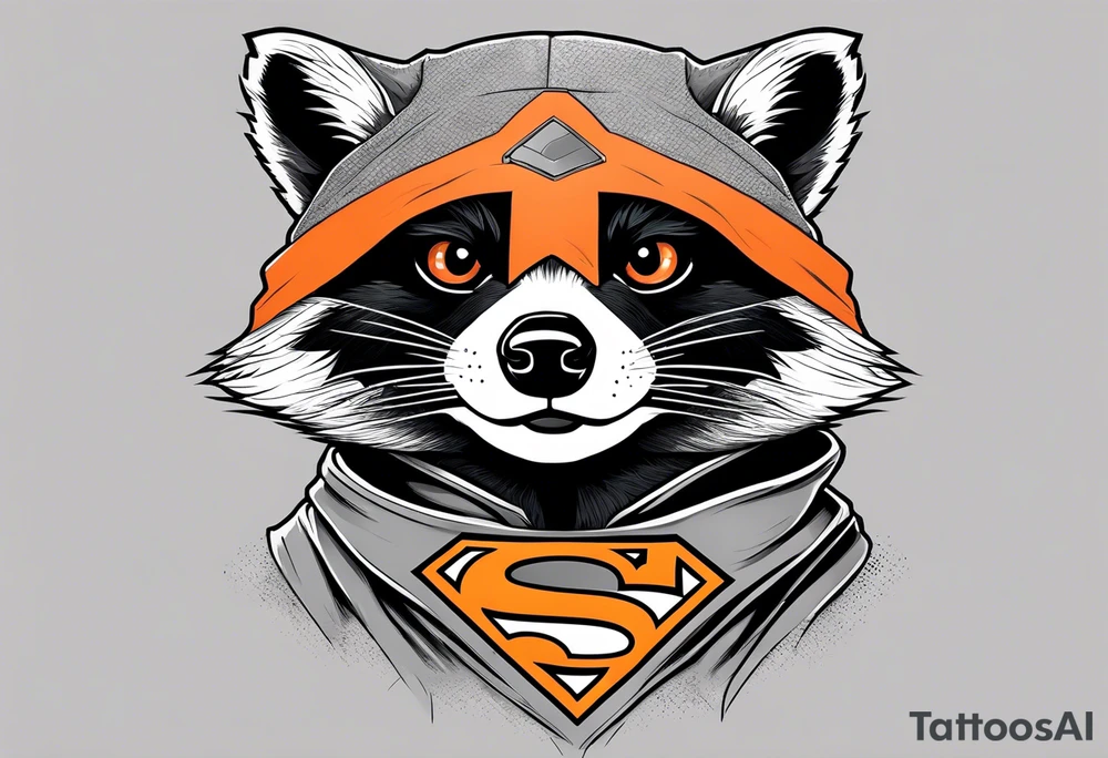 Raccoon wearing an orange Superman hoodie tattoo idea