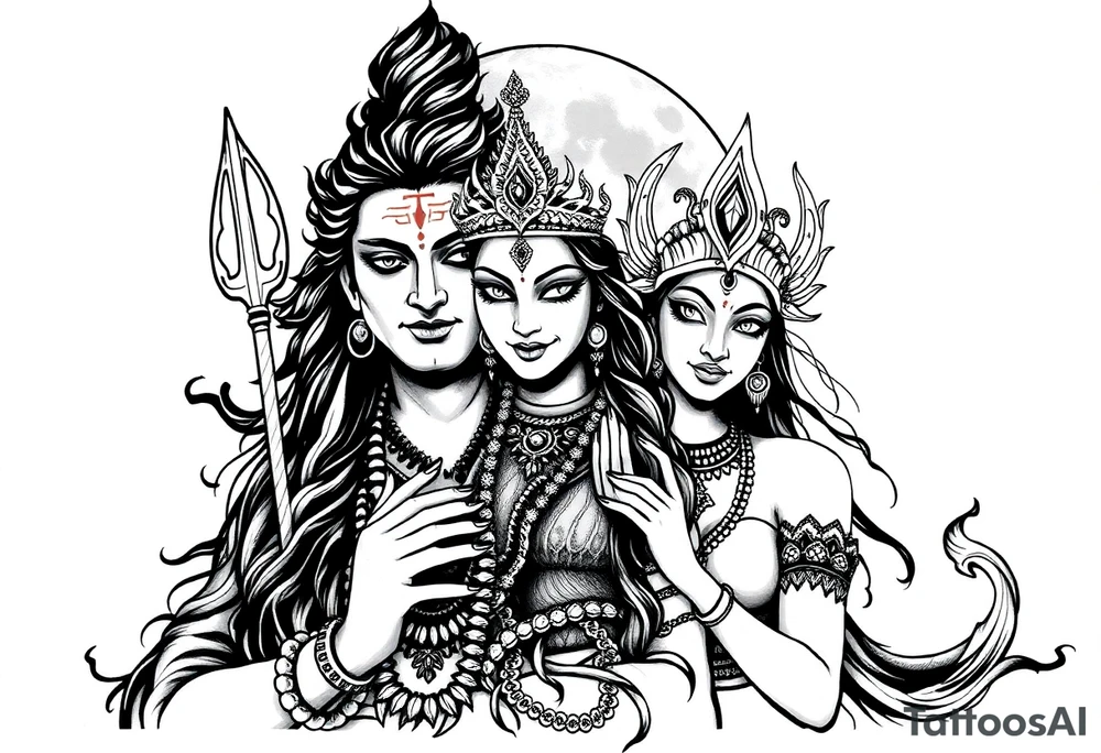 Lord Shiva, Godess Kali, Godess Lilith Together with the moon in the background tattoo idea