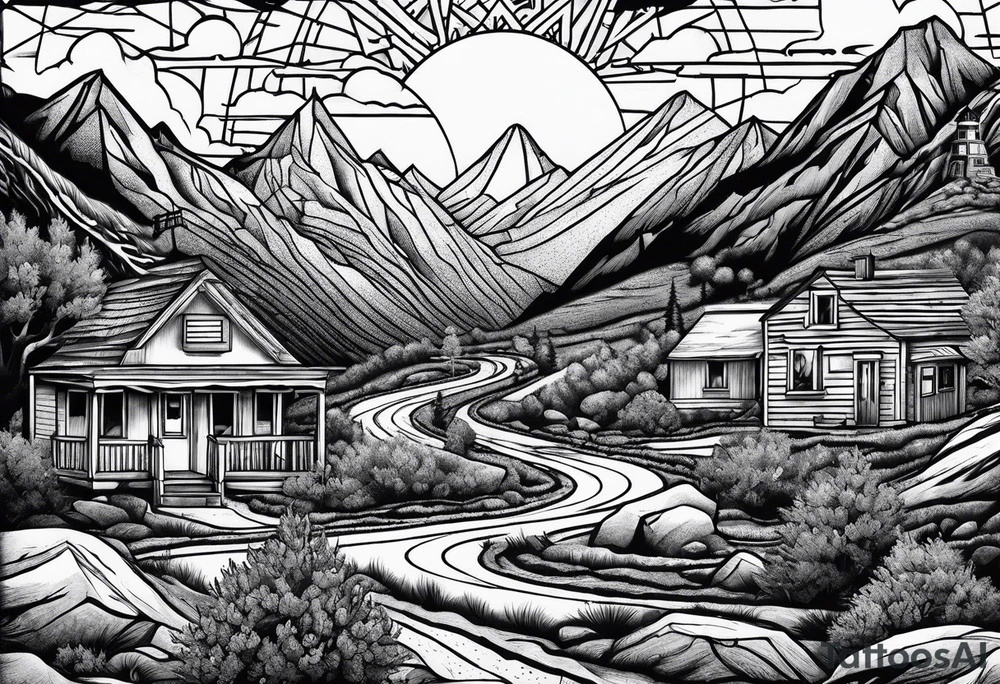 Mountain scene with route 66 sign tattoo idea