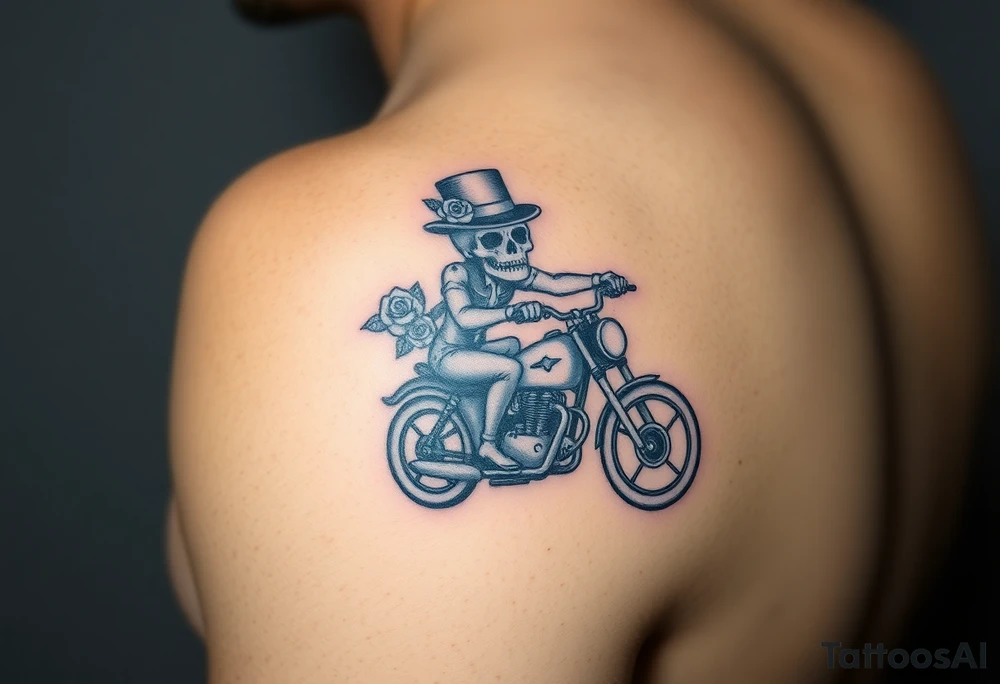 create an decorated "day of the dead skull" wearing a top hat with roses who is riding a retro motorcycle tattoo idea