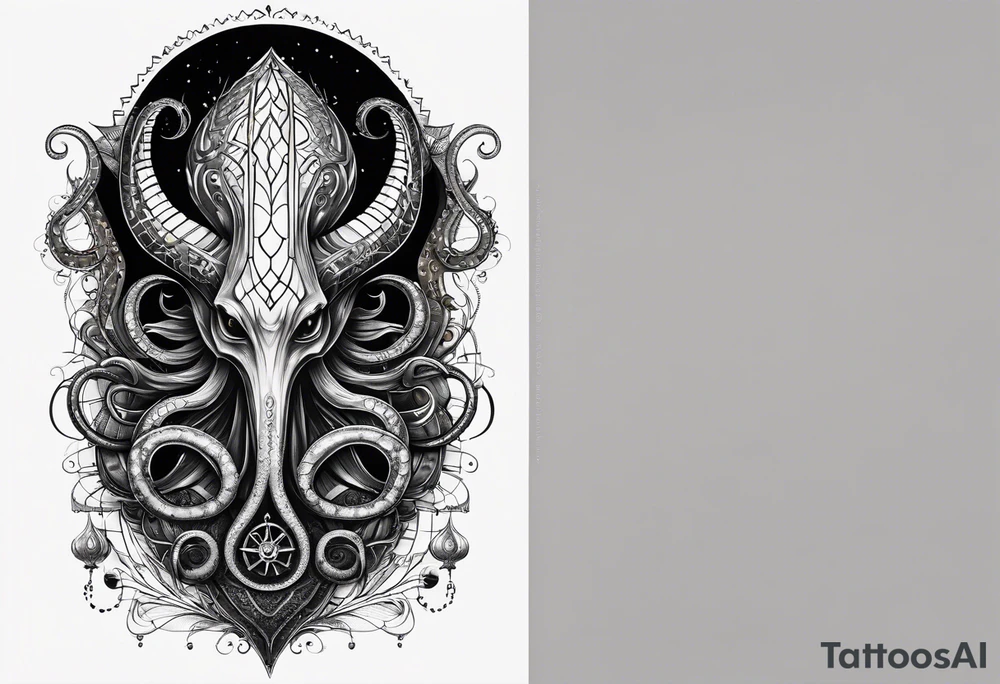 Long tattoo for forearm. Lovecraftian creature, with technological elements. Tentacles protect a heart. tattoo idea