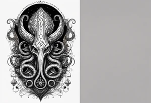 Long tattoo for forearm. Lovecraftian creature, with technological elements. Tentacles protect a heart. tattoo idea