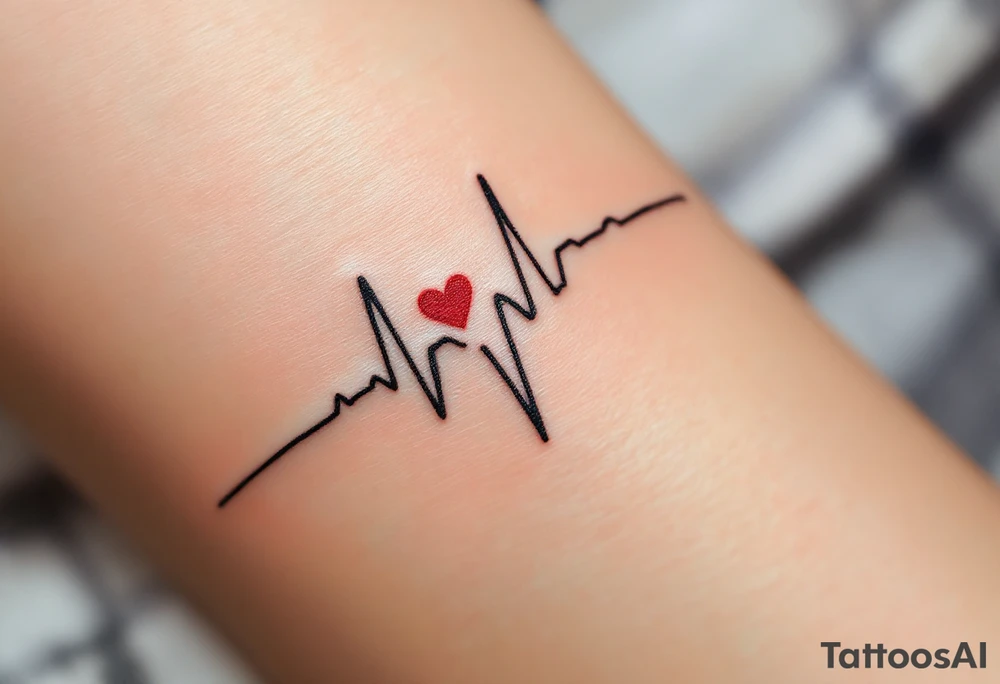 A black EKG line running across the wrist with a small red heart at the peak, symbolizing life and love. tattoo idea
