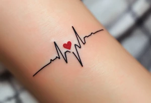 A black EKG line running across the wrist with a small red heart at the peak, symbolizing life and love. tattoo idea