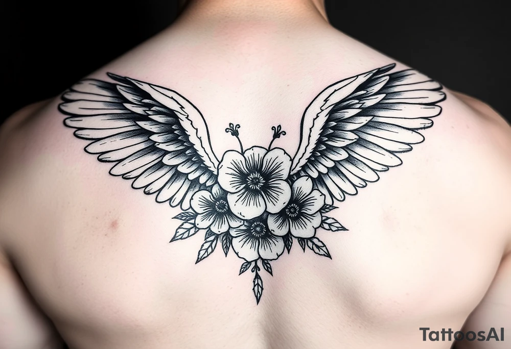 In memory of daddy angel wings and flowers tattoo idea