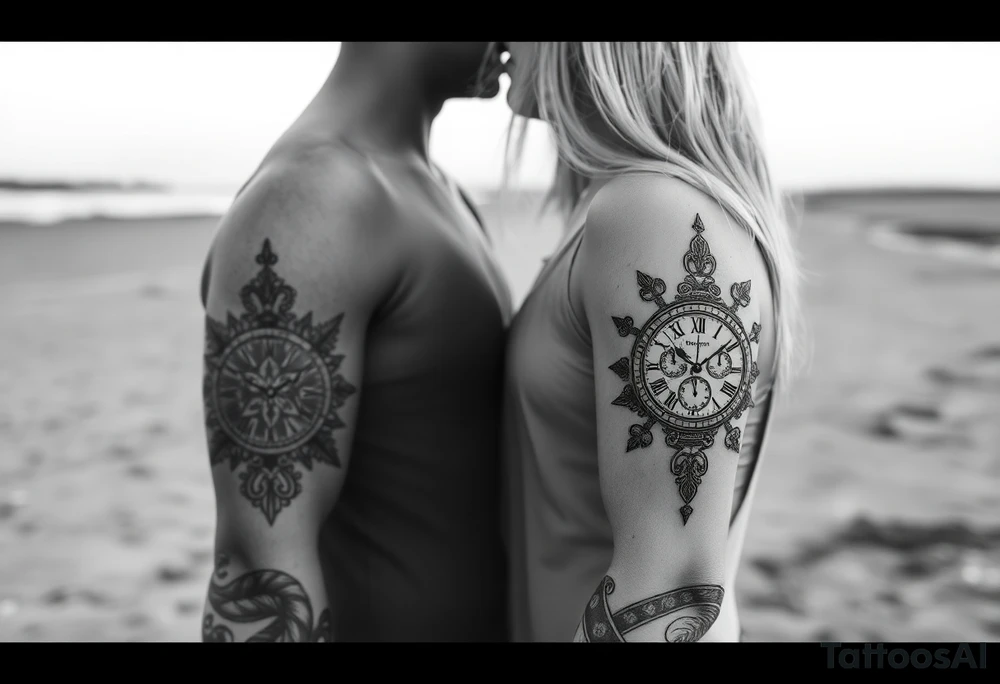 Ma blonde et moi avec nos deux enfants, un garçon un peu plus grand et une petite fille qui marche de dos vers l'horizon.


2. Sablier :

Intégrez un sablier dans le tatouage

Le sable pourrait s’écouler en formant des empreintes de pas ou des souvenirs .


Placez une horloge ancienne en arrière-plan ou intégrée au sablier tattoo idea