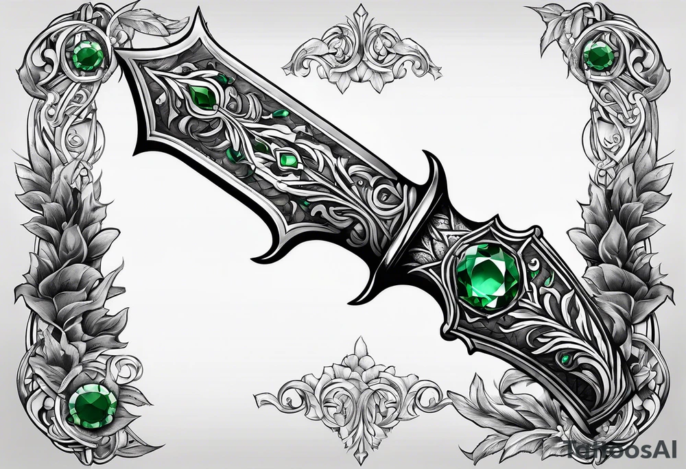 An athame dagger with an oak hilt turned upright and emerald gemstones on it tattoo idea