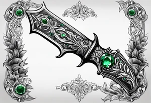 An athame dagger with an oak hilt turned upright and emerald gemstones on it tattoo idea