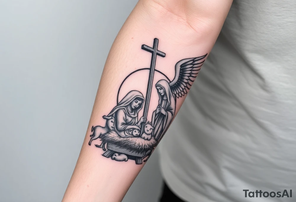 HALF SLEEVE forearm IDEA:
clouds
angel with wings portrait 
cross
The Nativity: The birth of Jesus in a manger, surrounded by Mary, Joseph, shepherds, and animals. It symbolizes hope and the beginning of Christ's life on Earth. tattoo idea