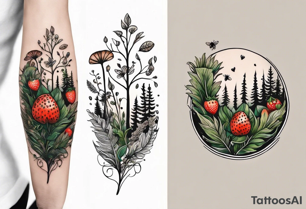 forest floor inspired minimalist tattoo, which includes grass, curly ferns and dead leaves as the bulk of the tattoo. details to include: three very tiny strawberries, a tiny bumblebee flying nearby, three small brown mushrooms tattoo idea