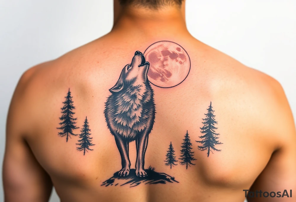 lone wolf howling at full moon with northern lights backdrop tattoo idea
