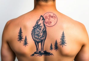 lone wolf howling at full moon with northern lights backdrop tattoo idea