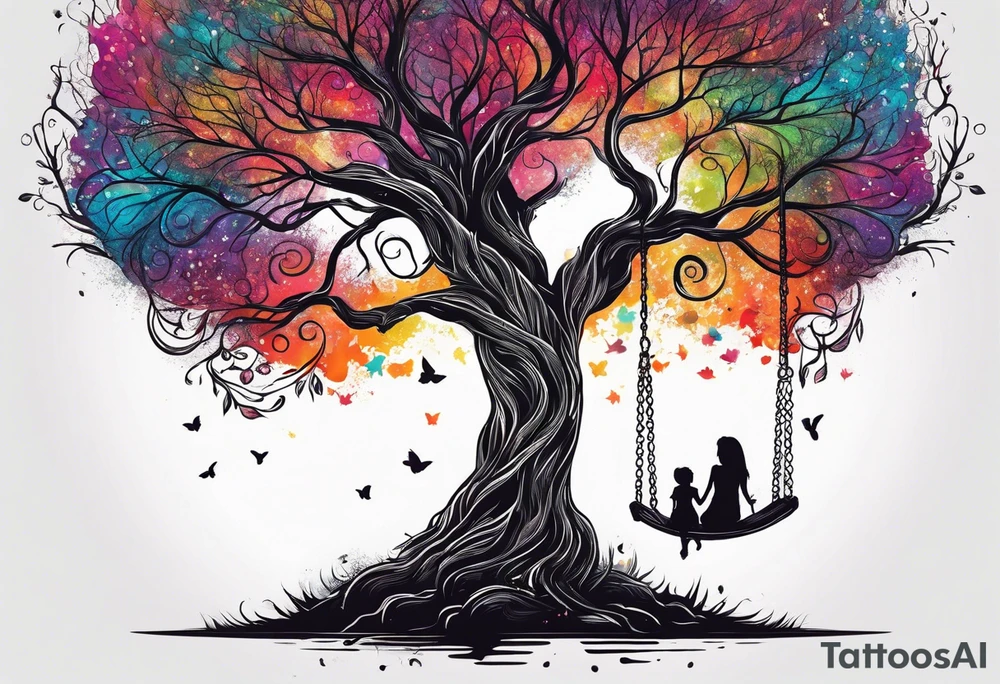 tree of life with swing little girl and man tattoo idea