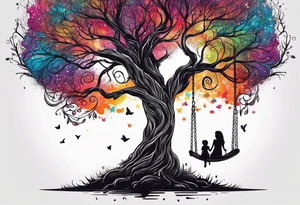 tree of life with swing little girl and man tattoo idea