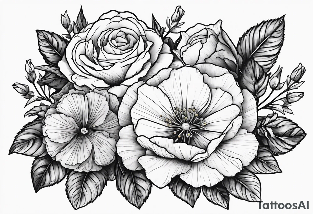 Flower heads of primrose 2 carnation and rose together tattoo idea