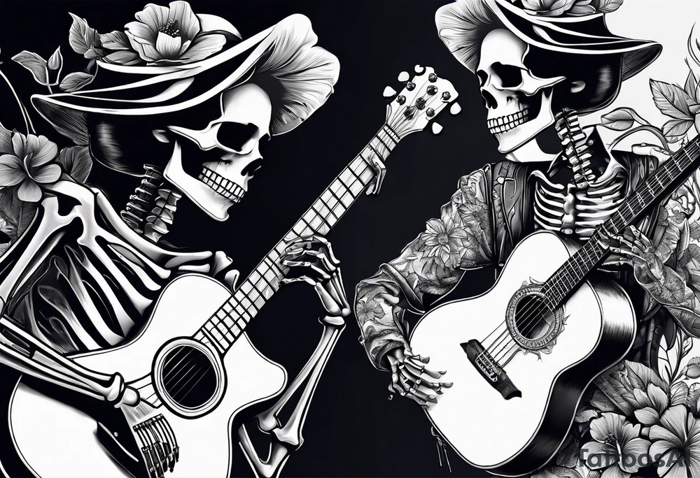 a male and a female skeleton. The male skeleton is playing the guitar. The female skeleton has a hibiscus flower. tattoo idea