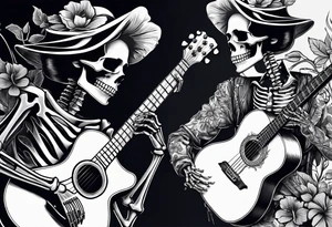 a male and a female skeleton. The male skeleton is playing the guitar. The female skeleton has a hibiscus flower. tattoo idea