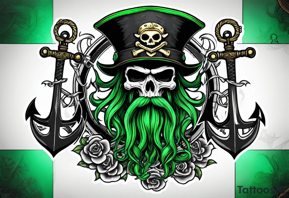 green pirate squid holding sword and anchor, black hat, skull face, beard tattoo idea