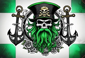 green pirate squid holding sword and anchor, black hat, skull face, beard tattoo idea