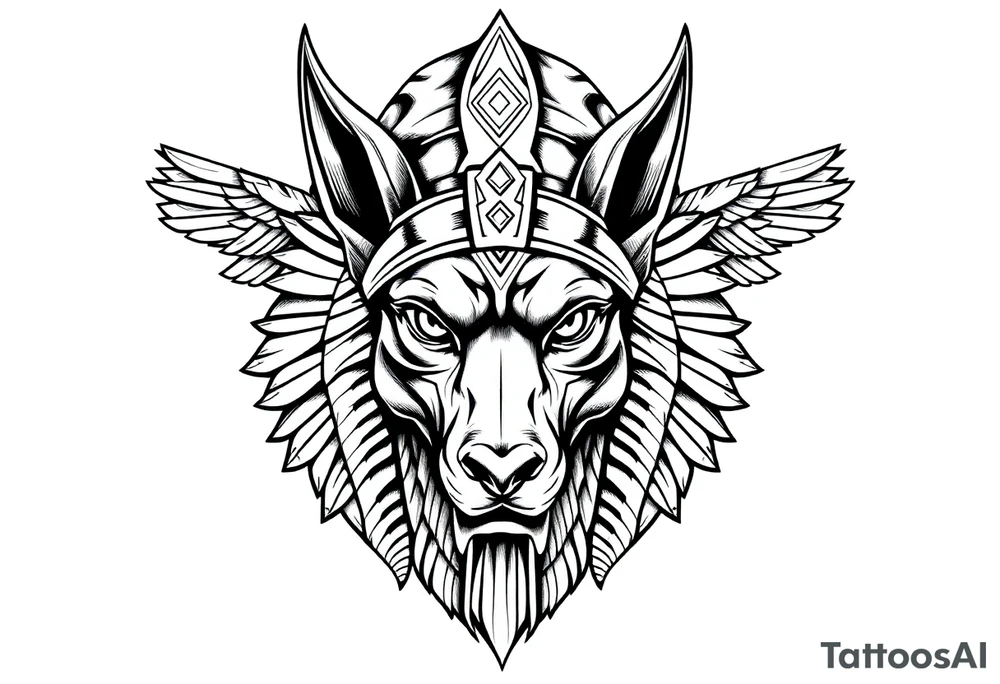 Egyptian Anubis god face muscle in Egypt style  with mantle on head with empty eyes 

dog face surrounded Egyptian symbols based on elements tattoo idea
