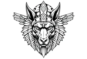 Egyptian Anubis god face muscle in Egypt style  with mantle on head with empty eyes 

dog face surrounded Egyptian symbols based on elements tattoo idea
