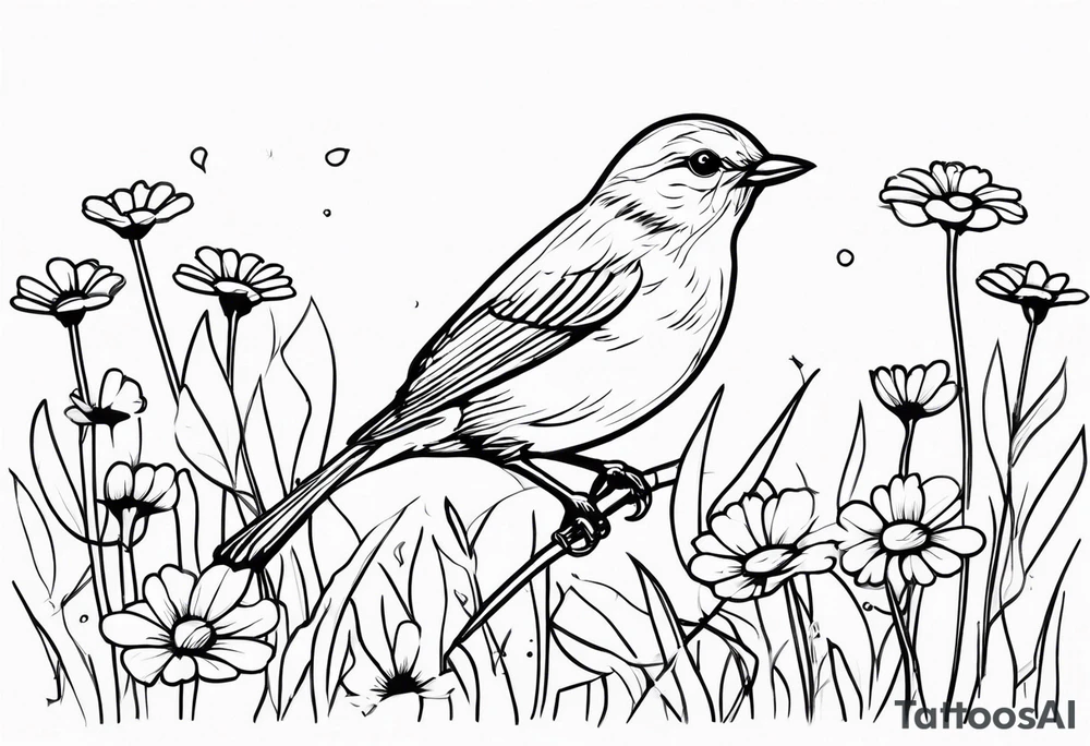 Little bird outline perched in a field of daisy tattoo idea