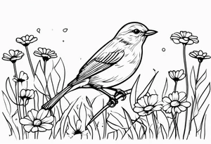 Little bird outline perched in a field of daisy tattoo idea