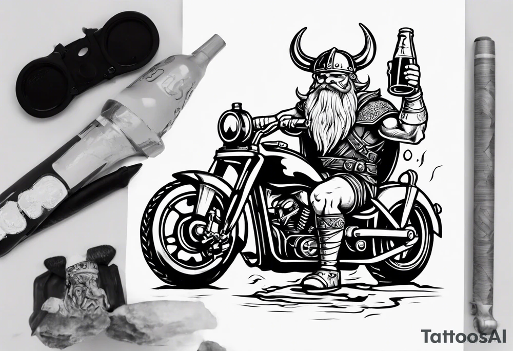 A viking drinking a beer on a motorcycle tattoo idea