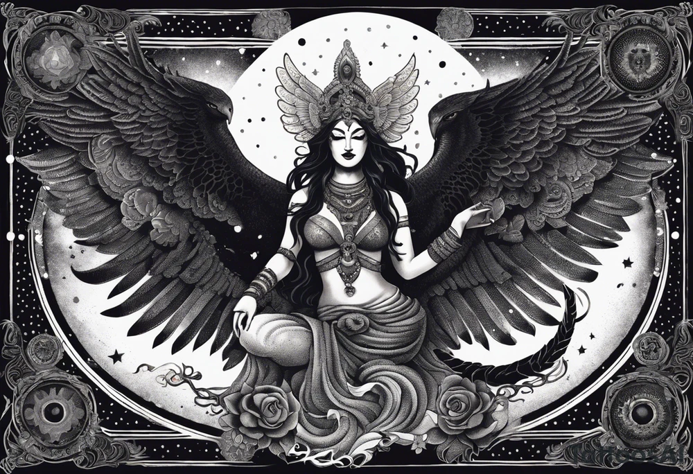 black kali, goddess pirate, alien, angel, pachamama, valkrye, warrior, flying, skull, lotus azul, wing, eagle, zenza resonance, stars, 5D, anahata chakra, death, durga, riding on a tiger, flying lady, kundalini, chest tatoo, samuri, rebel,serpent tattoo idea
