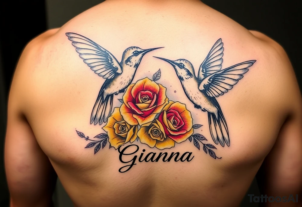 Beautiful majestic hummingbirds, surrounded by yellow, red and purple roses with the name Gianna tattoo idea