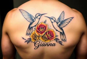 Beautiful majestic hummingbirds, surrounded by yellow, red and purple roses with the name Gianna tattoo idea