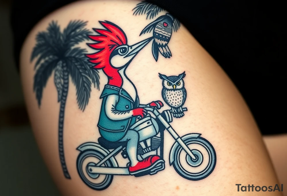 Woody the woodpecker wearing a leather vest that says peckerwoods, on a Harley Davidson under a palm tree, gazing in love at a barn owl tattoo idea