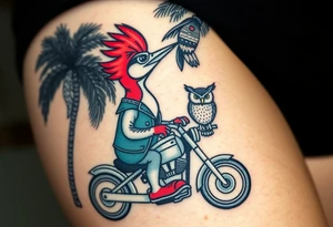 Woody the woodpecker wearing a leather vest that says peckerwoods, on a Harley Davidson under a palm tree, gazing in love at a barn owl tattoo idea