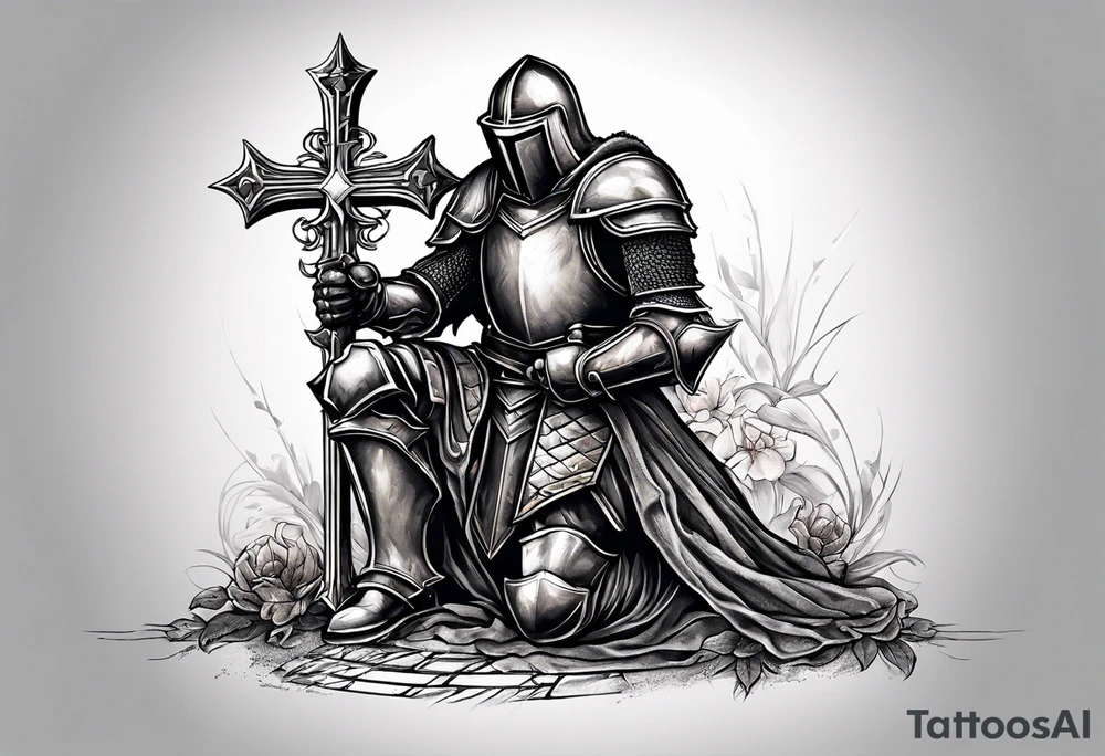 knight kneeling before the cross of Christ tattoo idea