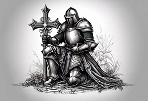knight kneeling before the cross of Christ tattoo idea