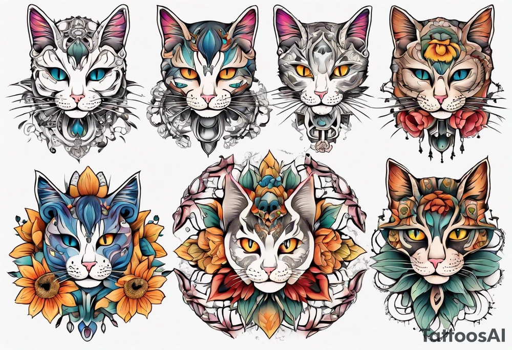 Cat colored flowers Mandala tattoo idea