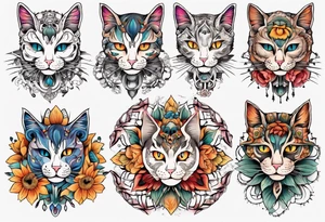 Cat colored flowers Mandala tattoo idea