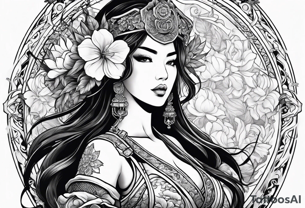 ornate beautiful woman warrior with weapon & floral arch background tattoo from head to torso tattoo idea
