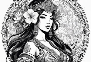 ornate beautiful woman warrior with weapon & floral arch background tattoo from head to torso tattoo idea