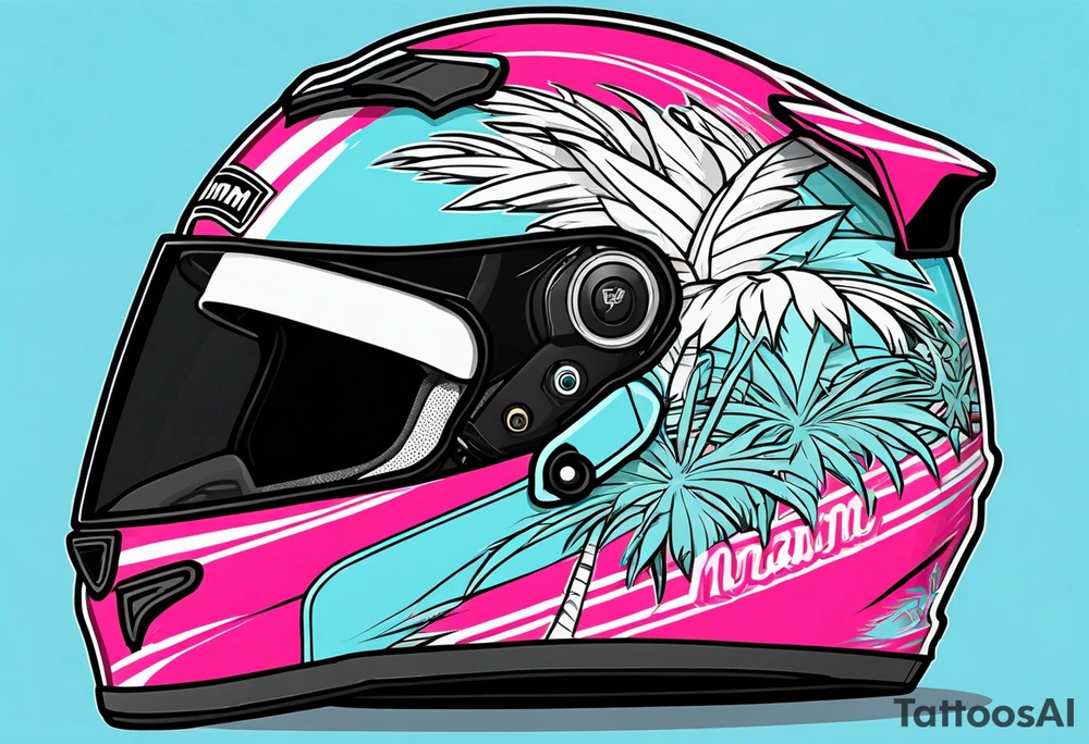 Formula 1 helment with the Miami name a palm tree and light blue black and pink colors tattoo idea