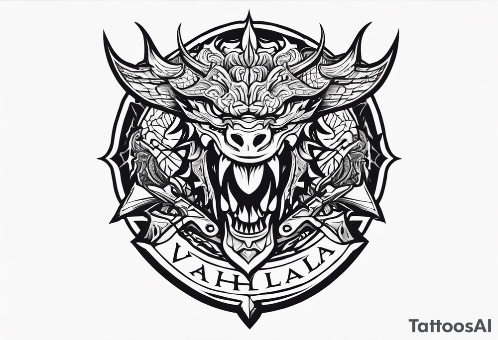 Valhalla sword shield dragon head axe tattoo idea