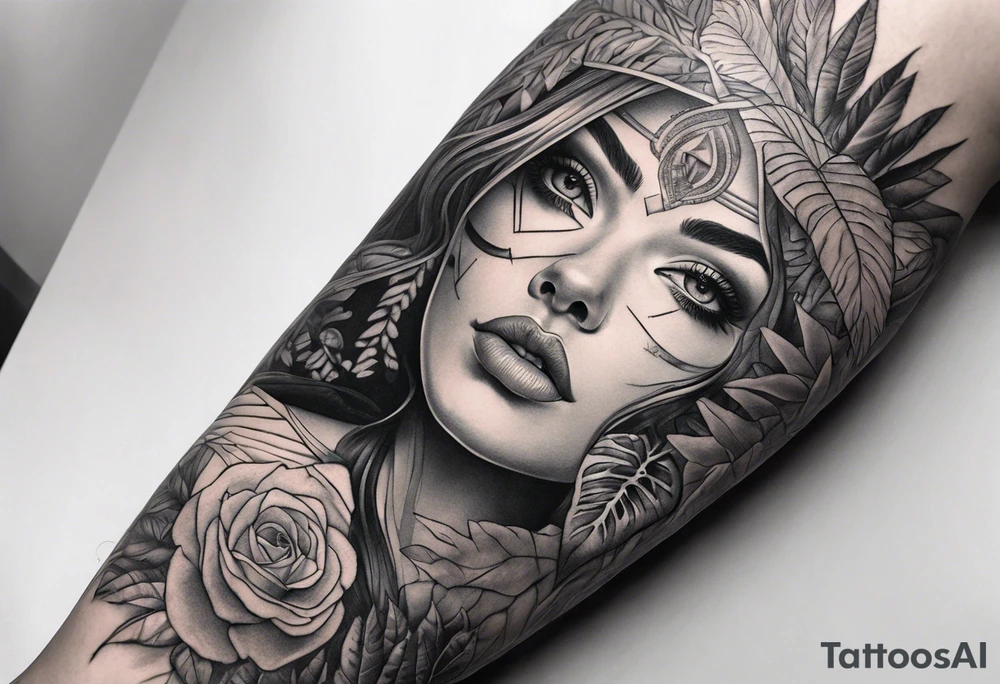 full arm sleeve, jungle plants, all-seeing eye tattoo idea