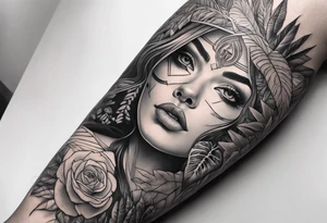 full arm sleeve, jungle plants, all-seeing eye tattoo idea